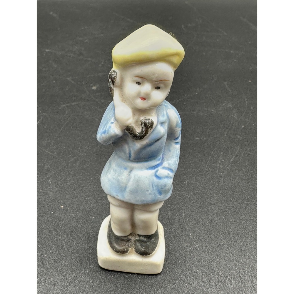 Vintage Japan Ceramic Child Telephone‎ Figurine Blue Coat Glazed Small MCM